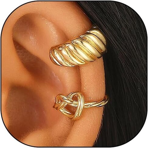 2Pcs Chunky Gold Ear Cuff Earrings for Women Twisted Love Knot Ear Cuffs Non Piercing Thick Croissant Clip on Earrings Trendy Jewelry Accessories in Saudi Arabia