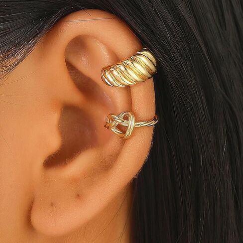 2Pcs Chunky Gold Ear Cuff Earrings for Women Twisted Love Knot Ear Cuffs Non Piercing Thick Croissant Clip on Earrings Trendy Jewelry Accessories in Saudi Arabia