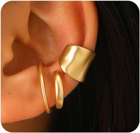 2 قطعة أقراط أذن ذهبية مكتنزة للنساء، أقراط بسيطة غير ثقب الغضروف، مجوهرات يومية هندسية عصرية in Kuwait