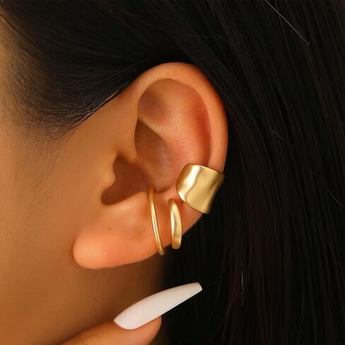 2 قطعة أقراط أذن ذهبية مكتنزة للنساء، أقراط بسيطة غير ثقب الغضروف، مجوهرات يومية هندسية عصرية in Kuwait