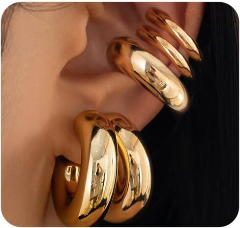 Chunky Gold Huggie Earrings Sets for Women Vinatge Non Piercing Ear Cuff Statement Earrings Personalized Large Clip On Hoop Earrings Fashion Jewelry in Saudi Arabia