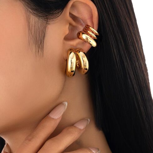 Chunky Gold Huggie Earrings Sets for Women Vinatge Non Piercing Ear Cuff Statement Earrings Personalized Large Clip On Hoop Earrings Fashion Jewelry in Saudi Arabia