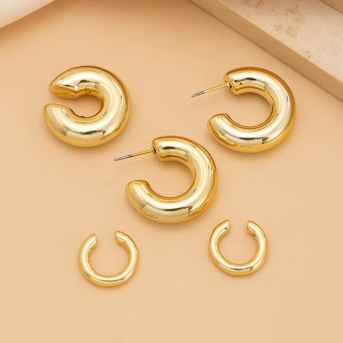 Chunky Gold Huggie Earrings Sets for Women Vinatge Non Piercing Ear Cuff Statement Earrings Personalized Large Clip On Hoop Earrings Fashion Jewelry in Saudi Arabia