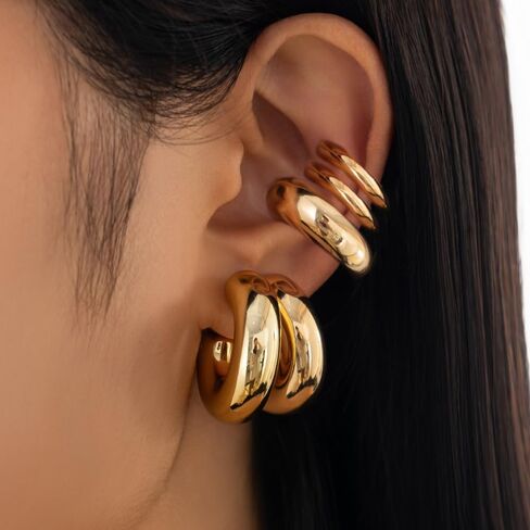 Chunky Gold Huggie Earrings Sets for Women Vinatge Non Piercing Ear Cuff Statement Earrings Personalized Large Clip On Hoop Earrings Fashion Jewelry in Saudi Arabia