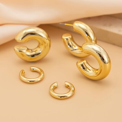 Chunky Gold Huggie Earrings Sets for Women Vinatge Non Piercing Ear Cuff Statement Earrings Personalized Large Clip On Hoop Earrings Fashion Jewelry in Saudi Arabia