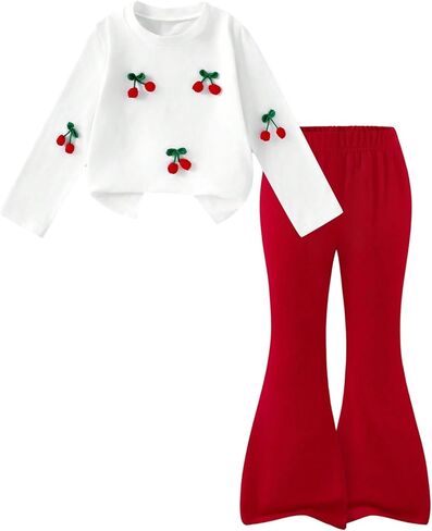 Verdusa Girl's 2 Piece Sets Cherry Cute Clothes Crewneck Sweatshirts with Bell Bottom Flare Pants in Saudi Arabia