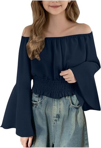 Girls Renaissance Blouses Vintage Peasant Pirate Off The Shoulder Tops Summer Boho Long Sleeve Smocked Tunic Shirts in Saudi Arabia