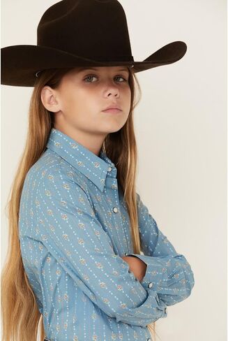 Girls' Floral Striped Long Sleeve Snap Western Shirt - CTW8040010 Medium US Light Blue in Saudi Arabia