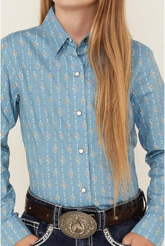 Girls' Floral Striped Long Sleeve Snap Western Shirt - CTW8040010 Medium US Light Blue in Saudi Arabia