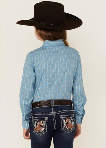 Girls' Floral Striped Long Sleeve Snap Western Shirt - CTW8040010 Medium US Light Blue in Saudi Arabia