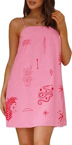 Women Boho Mini Cami Dress Graffiti Spaghetti Strap Aline Fruit Dress Cute Colofrul Short Beach Sundress in Saudi Arabia