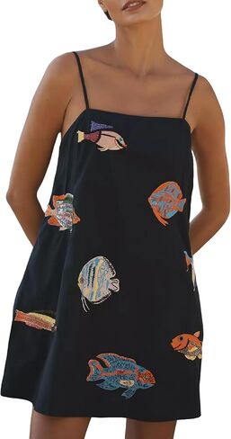 Women Boho Mini Cami Dress Graffiti Spaghetti Strap Aline Fruit Dress Cute Colofrul Short Beach Sundress in Saudi Arabia