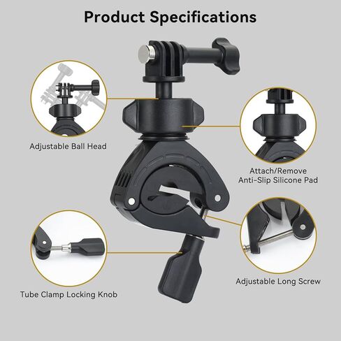 UTEBIT Camera Bike Mount Clamp with 360°Dual Ballhead Rotation,Bicycle Handlebar Clamp Mount Motorcycle Bracket Handlebar with Action Camera Mount Adapter, Compatible with GO PRO/Action Cameras/Phone in Kuwait