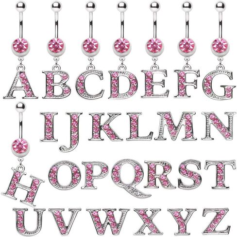 316L Navel Ring with Pink Gemmed Alphabet Initial Letter Dangle //Choose Letter// in Saudi Arabia