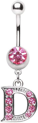 316L Navel Ring with Pink Gemmed Alphabet Initial Letter Dangle //Choose Letter// in Saudi Arabia