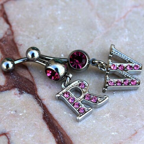 316L Navel Ring with Pink Gemmed Alphabet Initial Letter Dangle //Choose Letter// in Saudi Arabia