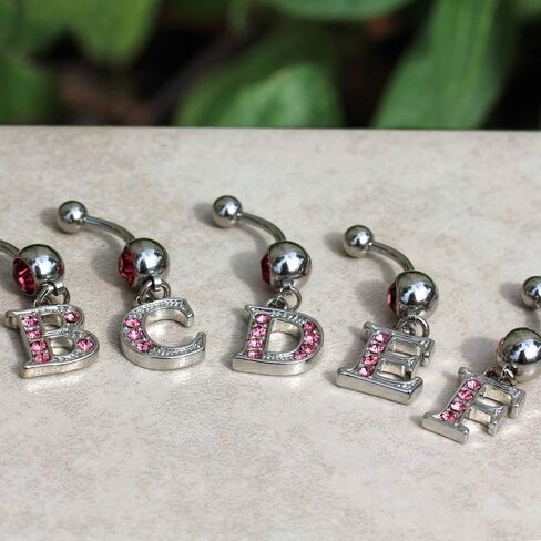 316L Navel Ring with Pink Gemmed Alphabet Initial Letter Dangle //Choose Letter// in Saudi Arabia