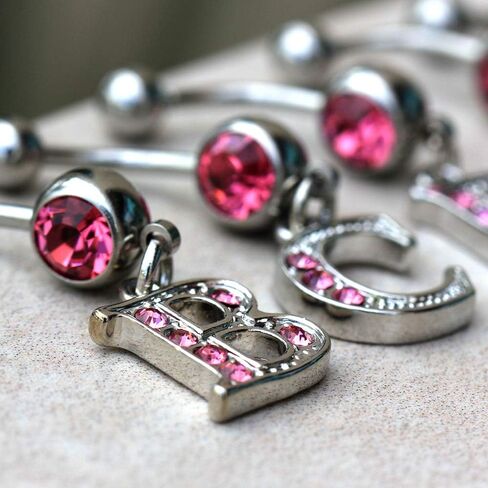 316L Navel Ring with Pink Gemmed Alphabet Initial Letter Dangle //Choose Letter// in Saudi Arabia