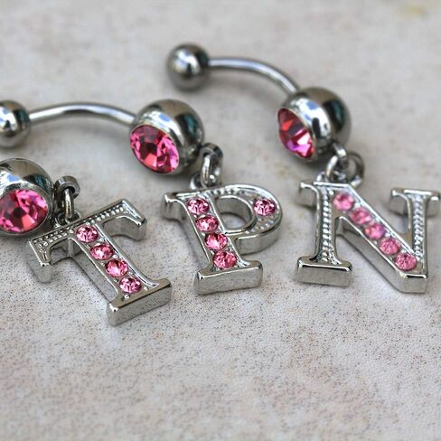 316L Navel Ring with Pink Gemmed Alphabet Initial Letter Dangle //Choose Letter// in Saudi Arabia