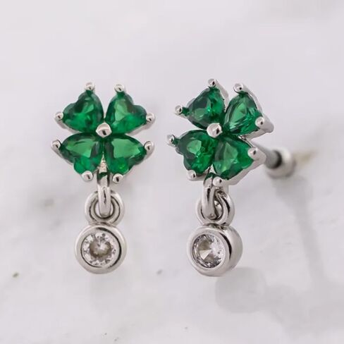 Pierced Owl 16GA 316L Stainless Steel CZ Crystal Shamrock with Dangling Gem Barbell Stud in Saudi Arabia