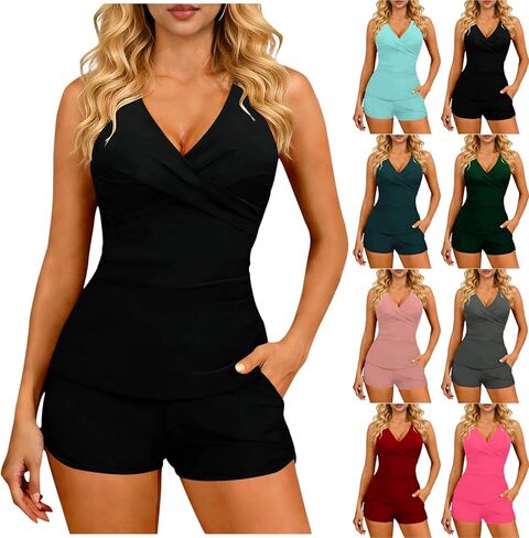 Women's Tankini Swimsuits V Neck Push Up Two Piece Swimsuit Solid Color High Waisted Pocketed Bathing Suit in Saudi Arabia