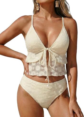 ZAFUL Womens Mesh Tankini Swimsuits Flowy Two Piece Bathing Suit V Neck Layered Ruffle Tie Front High Cut Cheeky Swimwear in Saudi Arabia