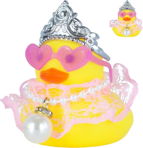 1pc Yellow Crown Lace Dress Rubber Duck Car Decor - Squeaky Dashboard Duck Accessories with Princess Crown, Heart Sunglasses, Pearl Necklace for Car Interior, Office, Home Decoration in Kuwait