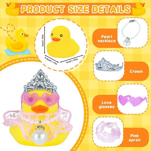 1pc Yellow Crown Lace Dress Rubber Duck Car Decor - Squeaky Dashboard Duck Accessories with Princess Crown, Heart Sunglasses, Pearl Necklace for Car Interior, Office, Home Decoration in Kuwait