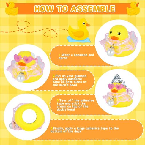 1pc Yellow Crown Lace Dress Rubber Duck Car Decor - Squeaky Dashboard Duck Accessories with Princess Crown, Heart Sunglasses, Pearl Necklace for Car Interior, Office, Home Decoration in Kuwait