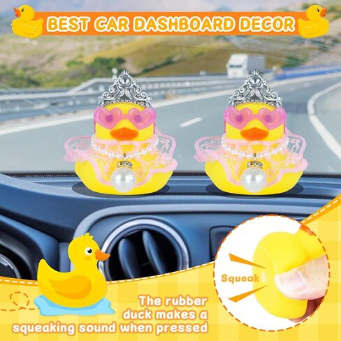 1pc Yellow Crown Lace Dress Rubber Duck Car Decor - Squeaky Dashboard Duck Accessories with Princess Crown, Heart Sunglasses, Pearl Necklace for Car Interior, Office, Home Decoration in Kuwait