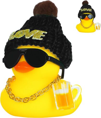 Funny Rubber Duck Car Accessories with Black Love Hat, Sunglasses, Golden Necklace & Beer Mug - Silicone Car Dashboard Decor, Squeezable Squeaky Duck for Stress Relief Car Interior Decoration in Kuwait