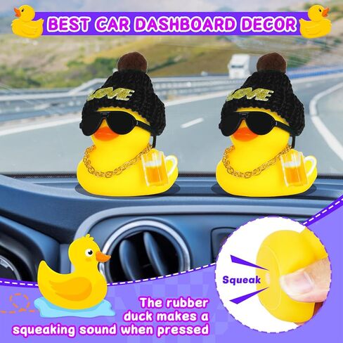 Funny Rubber Duck Car Accessories with Black Love Hat, Sunglasses, Golden Necklace & Beer Mug - Silicone Car Dashboard Decor, Squeezable Squeaky Duck for Stress Relief Car Interior Decoration in Kuwait