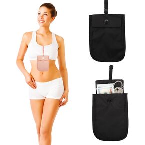 قطعتان من محفظة حمالة الصدر للسفر للنساء، جيب سري مخفي لبطاقات الائتمان والأموال والأشياء الثمينة مع حزام مطاطي قابل للتعديل (أسود + وردي) in Kuwait