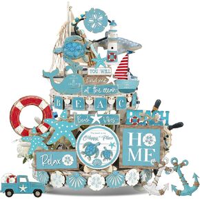 Maitys 21 Pieces Summer Beach Tiered Tray Decor Hello Summer Tiered Tray Decor Farmhouse Wooden Sea Turtle Tabletop Items Decor for Summer Hawaii Holiday Party Decoration in Kuwait