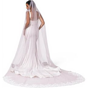 طرحة زفاف MisShow بحافة دانتيل واحدة وحجاب كاتدرائية طويل للعرائس من التول مع مشط in Kuwait