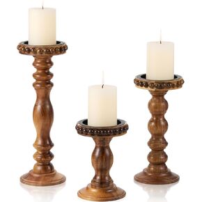 Wood Candle Holders for Pillar Candles, 3-Piece Vintage Rustic Tall Modern Farmhouse Holder Set, Decorative Acacia Wooden Candlestick Stand for Fireplace Mantel, Table Centerpiece Decor in Saudi Arabia