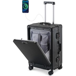 20 Inch Aluminum Frame Carry On Luggage with Front Pocket, USB Port, Phone Holder & Cup Holder, Hard Shell Spinner Suitcase for Airplane Travel, Grey in Saudi Arabia