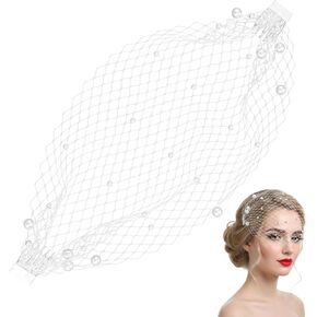 Pearl Birdcage Veil 14.5x8.3inches White Mesh Veil Headpiece with Pearl Bridal Veils Fascinator with Hair Comb 1920s Flapper Fascinator Mesh Veils for Tea Party Christmas Valentine's Day Accessories in Saudi Arabia