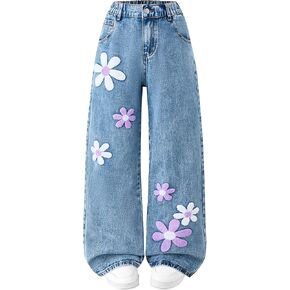 بنطلون جينز بناتي فضفاض واسع الساق مطبوع عليه زهور من قماش الدنيم عالي الخصر لطيف Y2K بنطلون غير رسمي ملابس توينز 7-14 سنة in Kuwait