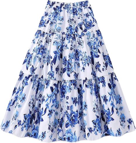 SHENHE Girl's Floral Maxi Skirt Tiered Ruffle Elastic Waist A Line Flowy Boho Long Skirt in Saudi Arabia
