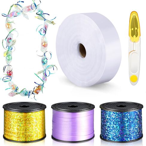 Candy Lei Making Kit for Graduation Party Favor Include 2 Inch x 1000 ft Poly Tubing 3 Rolls Curling Gift Ribbon Total 300 Yd/ 900 ft and Scissor for Hawaii Tropical Wedding DIY (Purple, Blue, Yellow) in Kuwait