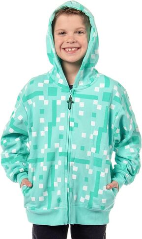 Mad Engine Minecraft Boys' Diamond Steve Allover Pixelated Design Big Kids Full-Zip Hoodie Rubber Sword Zipper Pull in Saudi Arabia