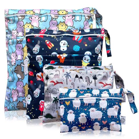 FLOCK THREE 4pcs Waterproof Wet Bag Reusable for Wet Clothes Baby Diapers Stroller Swimsuit Travel Reusable toiletries Pouch Small and Larger Electronics case 4 Pack (Windy Days) in Kuwait