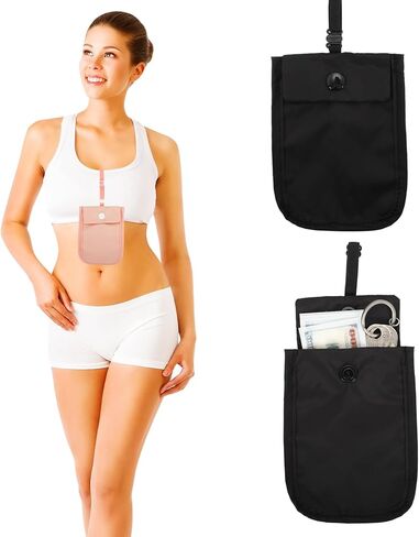 قطعتان من محفظة حمالة الصدر للسفر للنساء، جيب سري مخفي لبطاقات الائتمان والأموال والأشياء الثمينة مع حزام مطاطي قابل للتعديل (أسود + وردي) in Kuwait