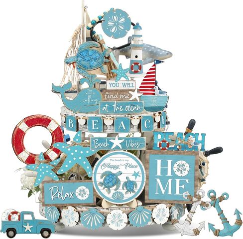 Maitys 21 Pieces Summer Beach Tiered Tray Decor Hello Summer Tiered Tray Decor Farmhouse Wooden Sea Turtle Tabletop Items Decor for Summer Hawaii Holiday Party Decoration in Kuwait
