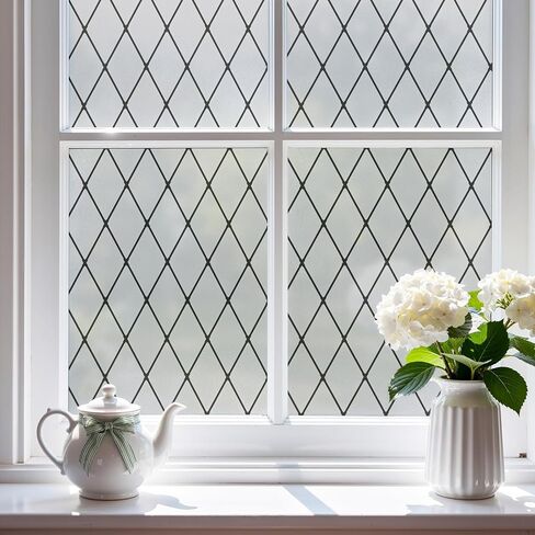 FEOMOS Frosted Lattice Window Film, Window Privacy Film, Decorative Window Cling Non Adhesive, Frosted Glass Film for Windows Doors UV Rejection 17.3x118 inches in Saudi Arabia