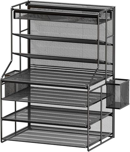 7 Tier Desk File Organizer,Metal Document Holder with Adjustable Shelves, Pull-Out Drawer & Removable Pen Holder for Office Organization,Black in Saudi Arabia