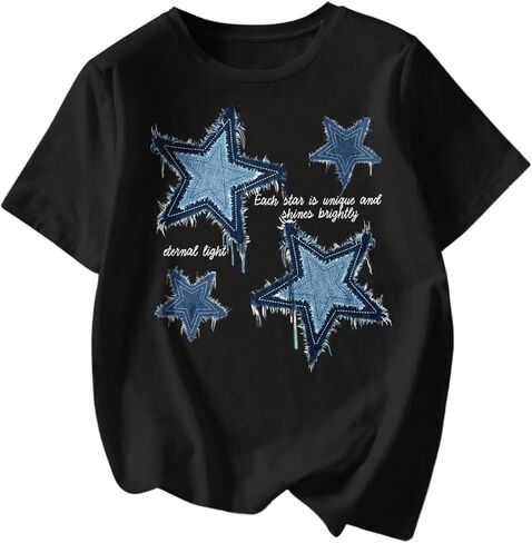 Women's Star Graphic Letter Print Tee Tops Casual Crewneck Short Sleeve T Shirt in Saudi Arabia