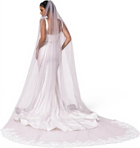 طرحة زفاف MisShow بحافة دانتيل واحدة وحجاب كاتدرائية طويل للعرائس من التول مع مشط in Kuwait