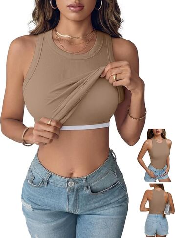 REORIA Women's Built in Bra Tank Tops Racerback Ribbed Sleeveless Fitted Summer Outfits 2026 in Saudi Arabia
